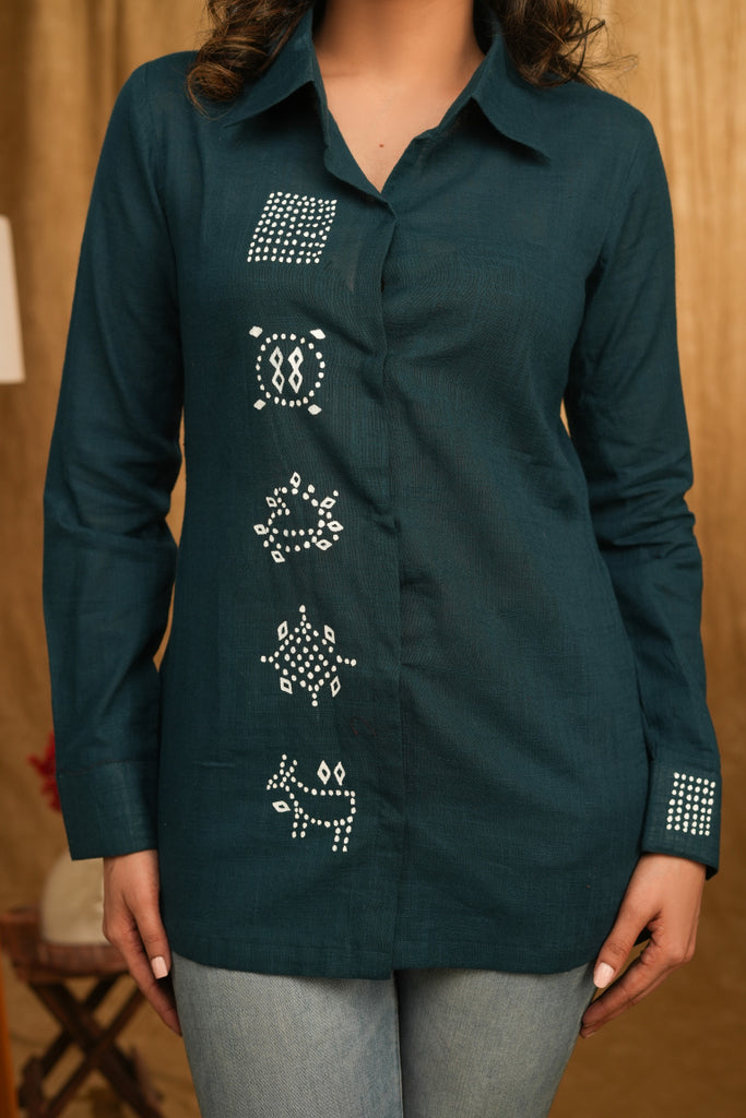 Elegant Teal Handpainted Shirt with Bandhani Motifs on Cuffs and Front Panel