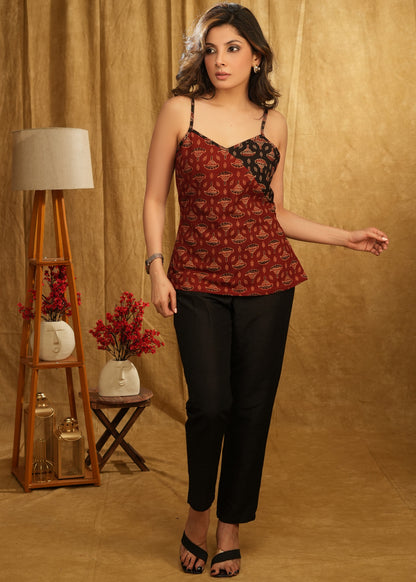 Maroon & Black Combination Ajrakh Top with Black Ajrakh Shrug