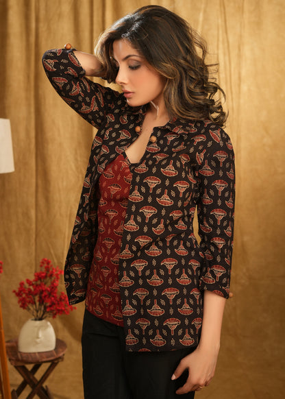 Maroon & Black Combination Ajrakh Top with Black Ajrakh Shrug