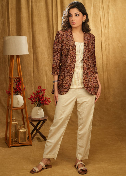 Smart Cotton Kalamkari Jacket with Beige Inner
