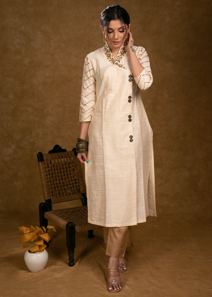 Light Beige Cotton Silk Kurta with Heavy Hand Embroidery on Collar and Sleeves - Pant Optional