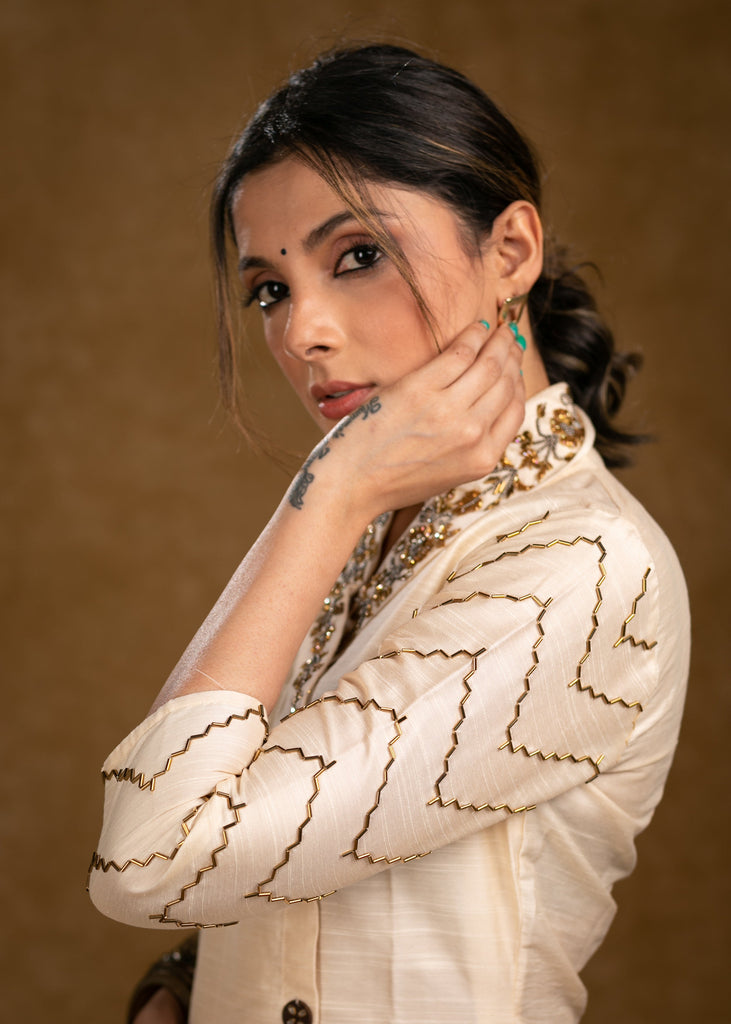 Light Beige Cotton Silk Kurta with Heavy Hand Embroidery on Collar and Sleeves - Pant Optional