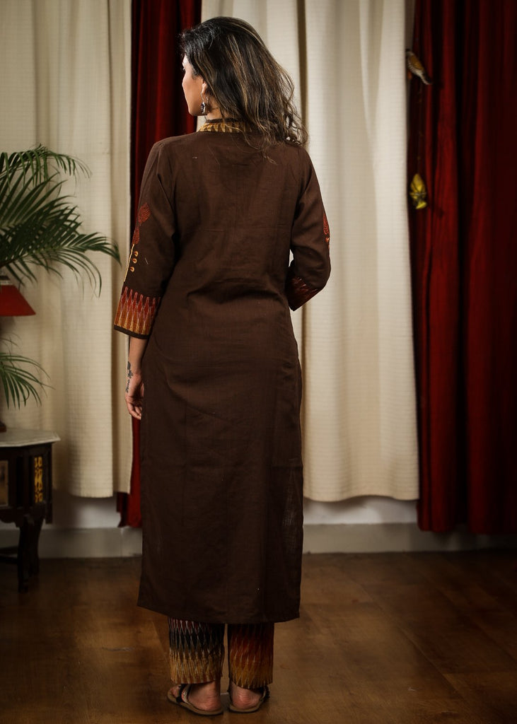 Straight Cut Coffee Brown Handloom Cotton Kurta with Elegant Embroidery Work and Ikat