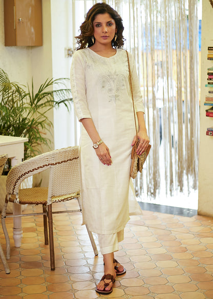 Classy White Cotton Silk Straight Cut Kurta with Embroidered Yoke - Pant Optional