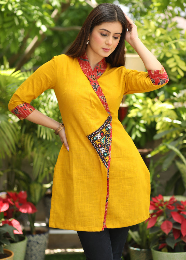 Beautiful Mustard Overlap Tunic with Contrast Border and Kutch Mirror Work Detailing