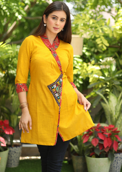 Beautiful Mustard Overlap Tunic with Contrast Border and Kutch Mirror Work Detailing