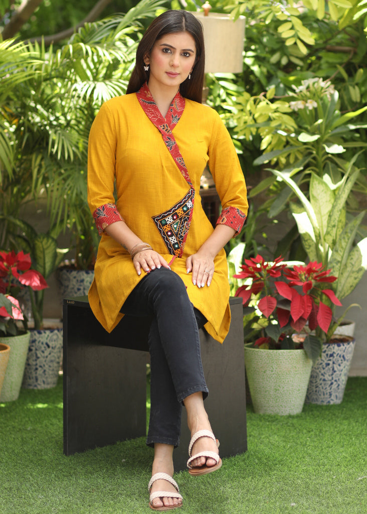 Beautiful Mustard Overlap Tunic with Contrast Border and Kutch Mirror Work Detailing