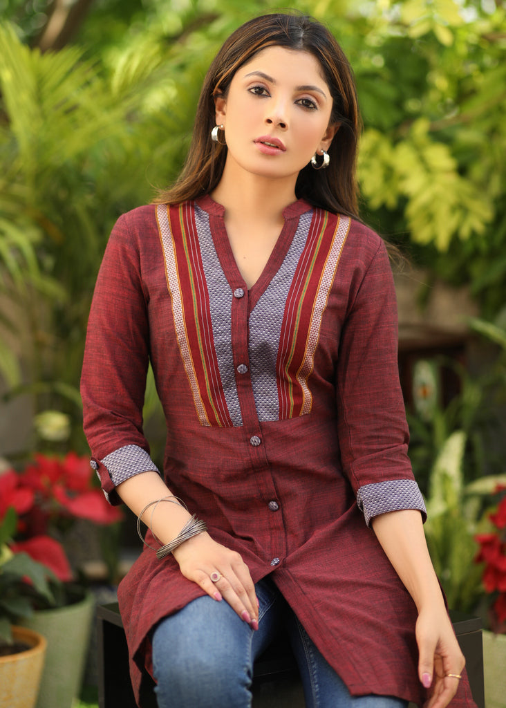 Elegant Pure Cotton Maroon Tunic with Contrast Khun Yoke