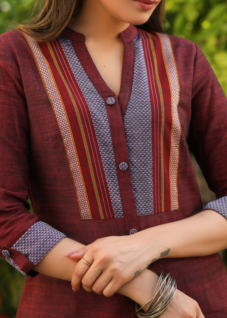 Elegant Pure Cotton Maroon Tunic with Contrast Khun Yoke