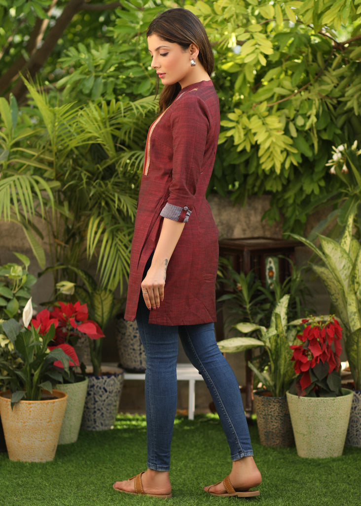 Elegant Pure Cotton Maroon Tunic with Contrast Khun Yoke