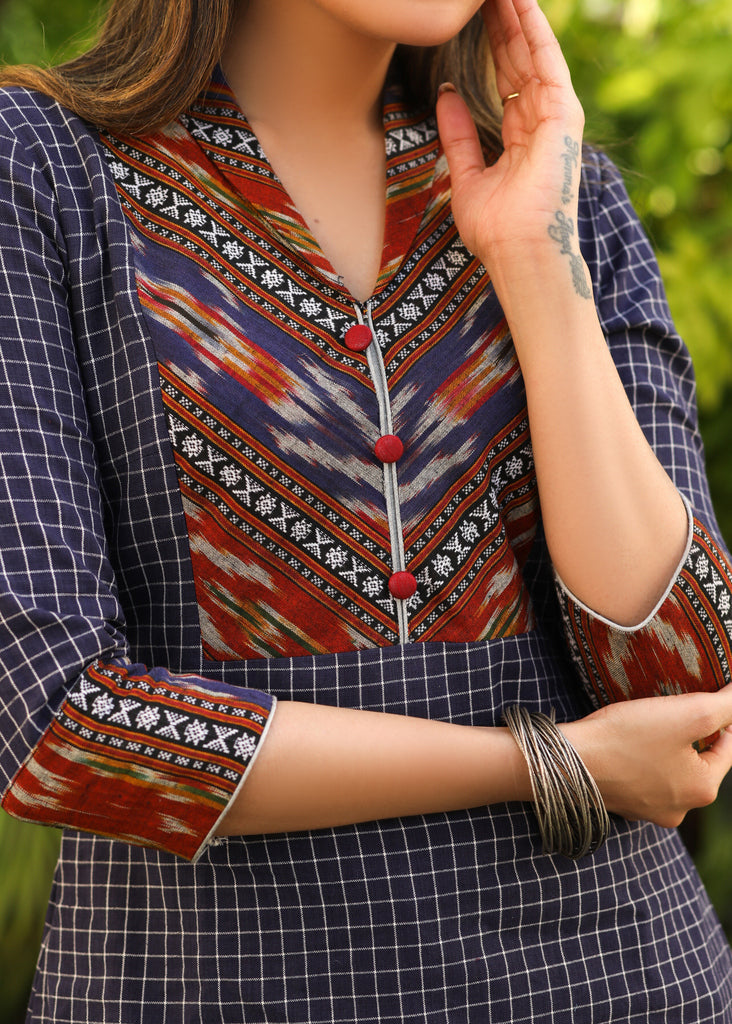 Beautiful Cotton Navy Blue Checkered Tunic with Ikat Yoke