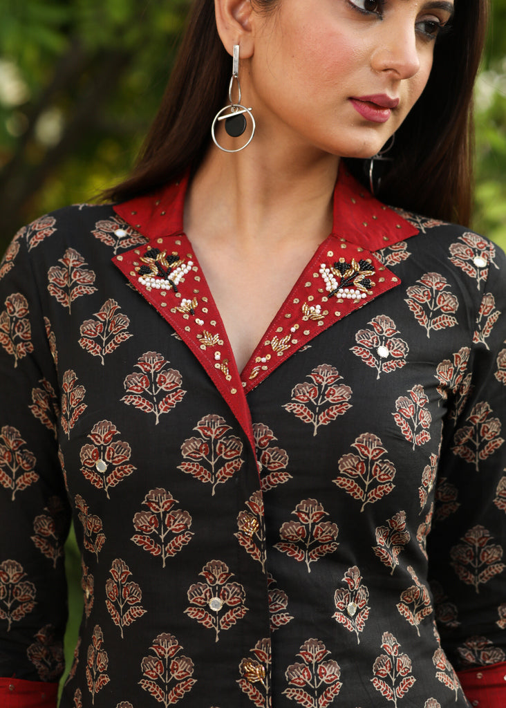 Trendy Black Ajrakh Tunic with Hand Embroidery on Contrast Red Collar and Sleeves