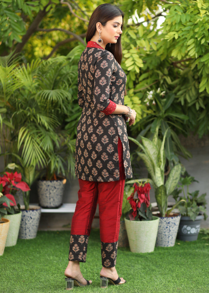 Trendy Black Ajrakh Tunic with Hand Embroidery on Contrast Red Collar and Sleeves