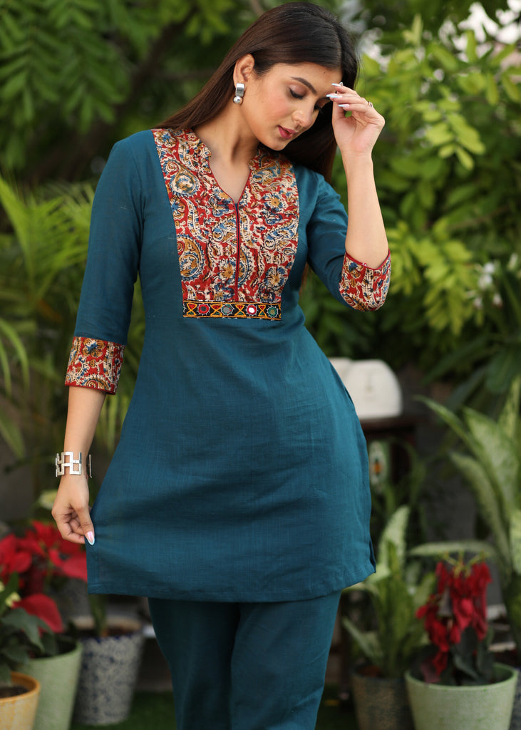 Elegant Cotton Teal Blue Tunic with Kalamkari Yoke