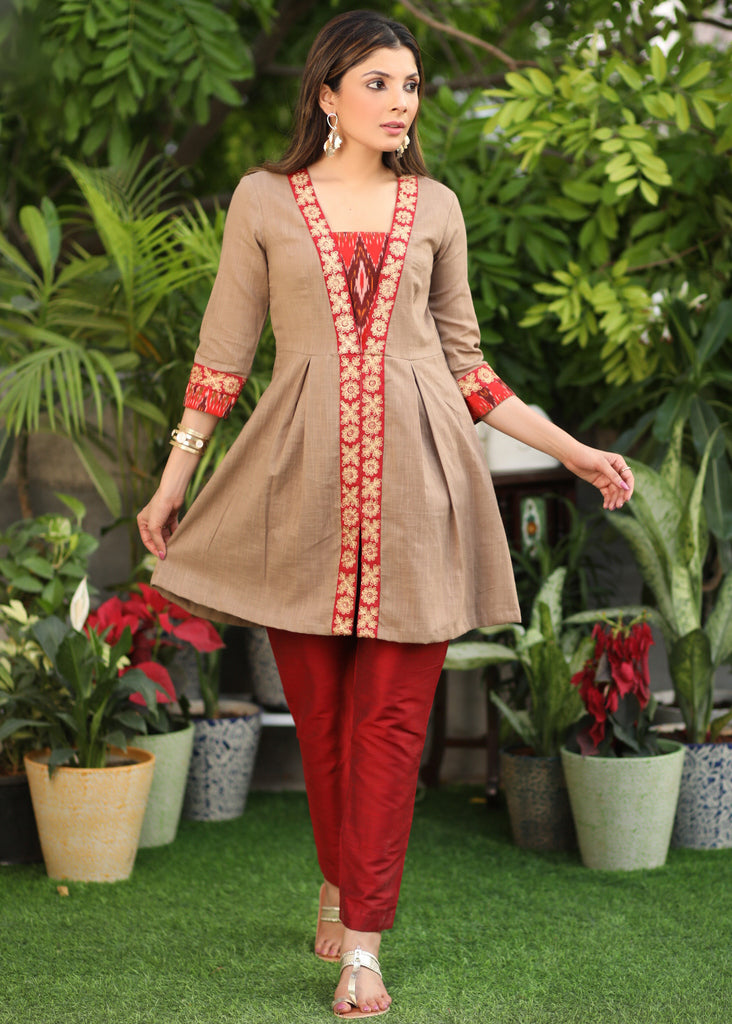 Beautiful Cotton Beige A Line Tunic with Contrast Ikat Detailing