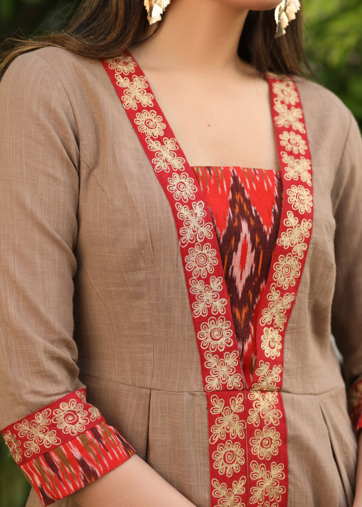 Beautiful Cotton Beige A Line Tunic with Contrast Ikat Detailing
