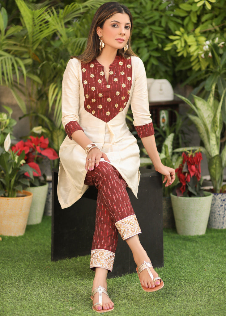 Elegant off White Cotton Silk Tunic with Hand Embroidered Ikat Yoke