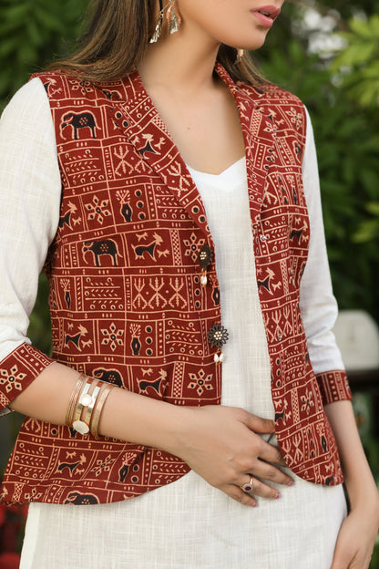 Classy Cotton White Tunic with Maroon Ajrakh Sleeveless Jacket - Pant optional