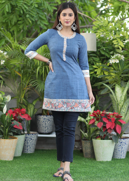 Smart Blue Tunic with Hand Painted Fish Border