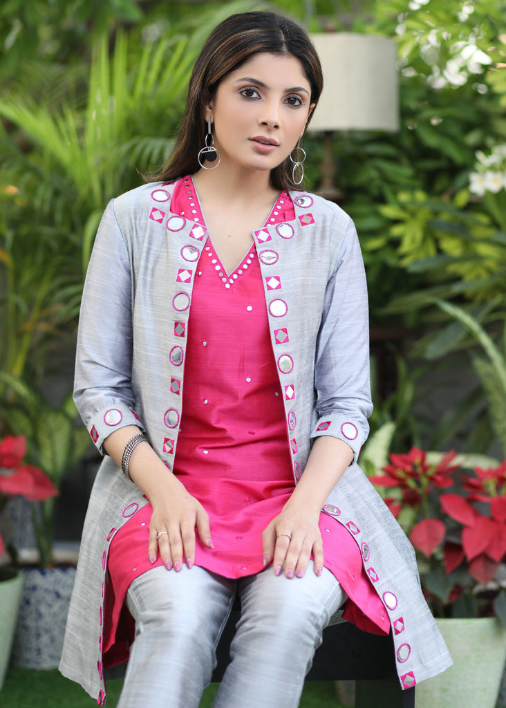 Exclusive Grey Cotton Silk Hand Mirror Work Jacket with contrast Cotton Silk Inner
