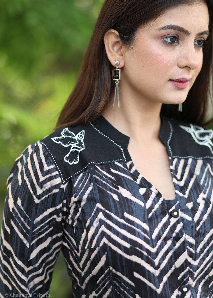 Trendy Cotton Black Printed with Hand Gond Painting