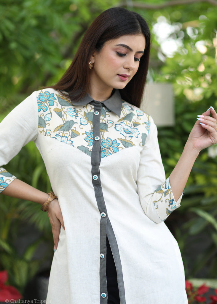 Trendy Cotton off White Shirt Tunic with Flower Printed Yoke and Sleeves