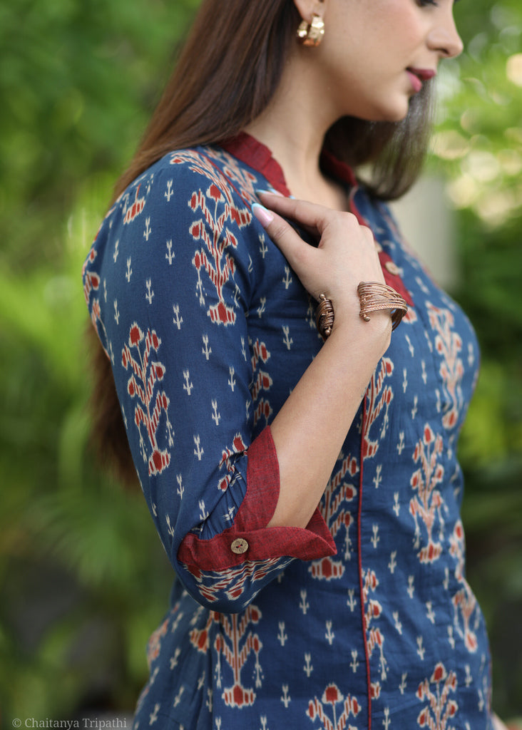 Elegant Dark Blue Ikat Print tunic with Red Cotton In Placket and Sleeves