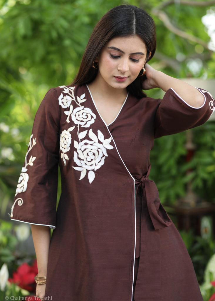 Exclusive Brown Cotton Silk Co Ord Set with Floral Embroidery.