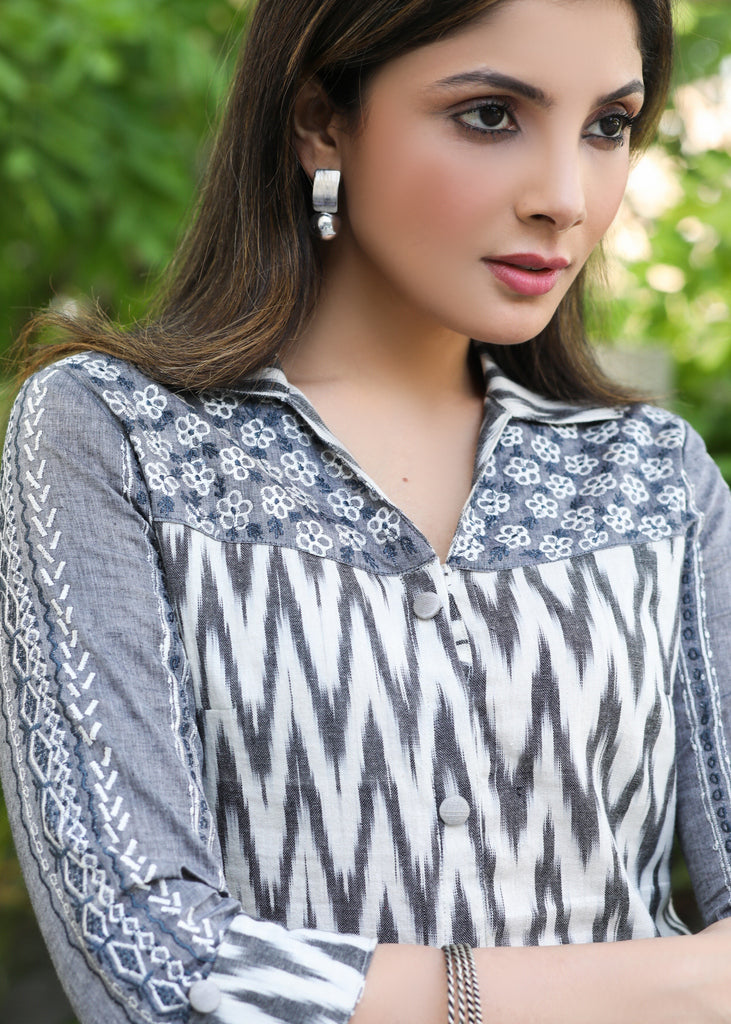 Smart off White Ikat Tunic with Grey Embroidered Yoke.