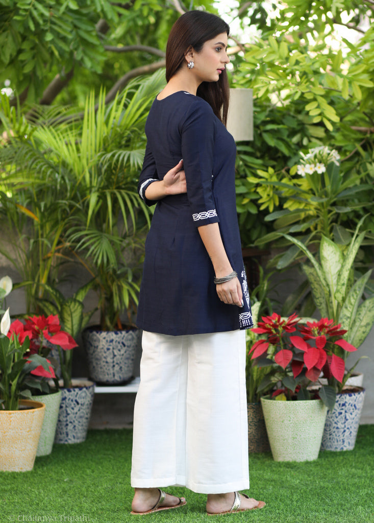 Stylish Navy Blue Cotton Silk Hand Painted Tunic with White Bottoms.