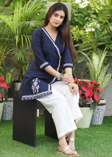 Stylish Navy Blue Cotton Silk Hand Painted Tunic with White Bottoms.