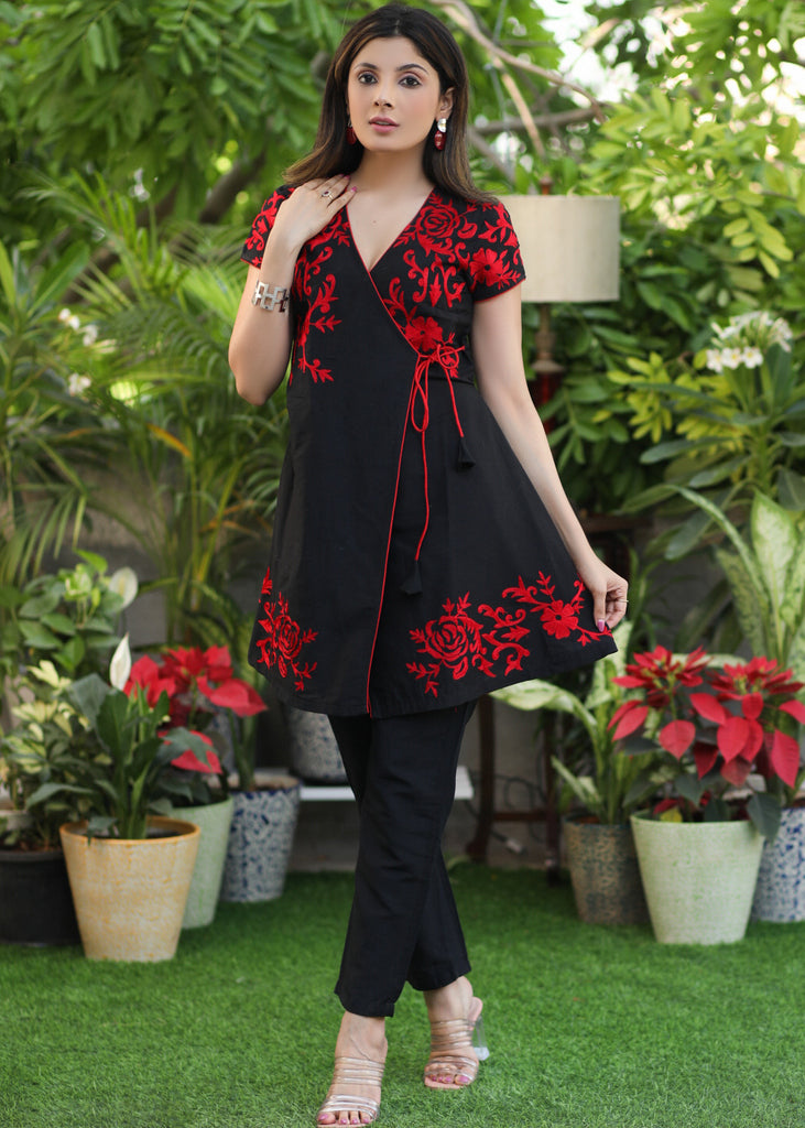 Trendy Black Cotton Silk Cross Over Tunic Wih Red Embroidery