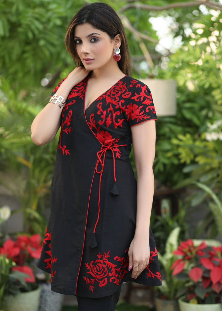 Trendy Black Cotton Silk Cross Over Tunic Wih Red Embroidery