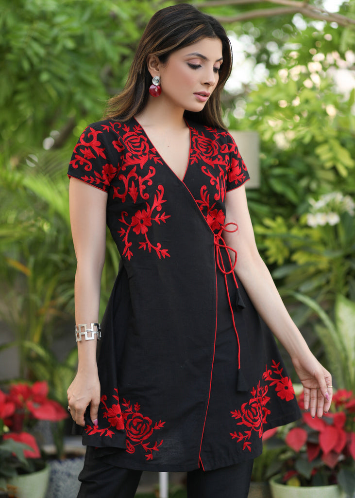 Trendy Black Cotton Silk Cross Over Tunic Wih Red Embroidery