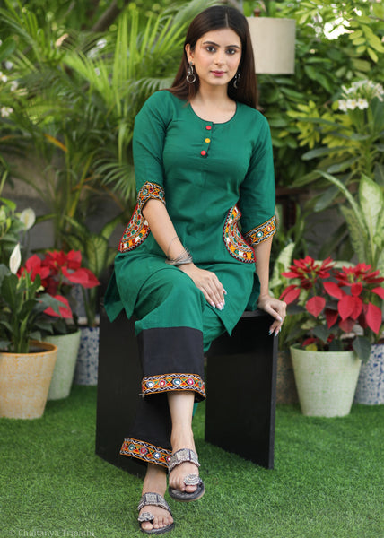 Elegant Green Co Ord Set with Mirror Work Circle Patch and Border .