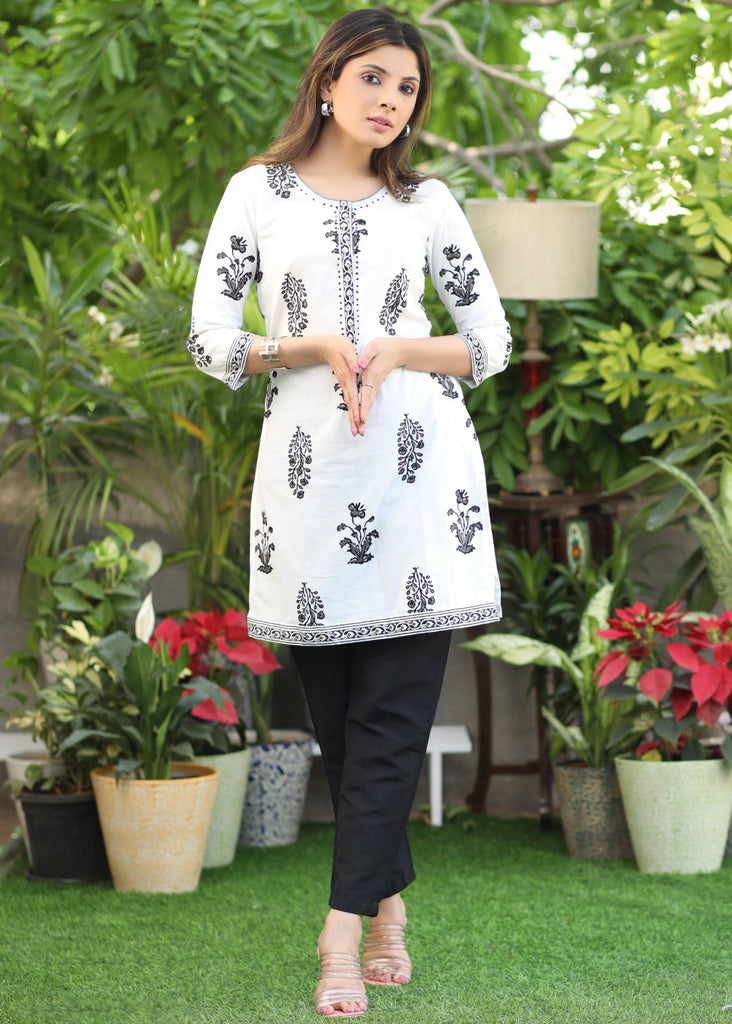 Classy Black and White Printed Tunic with Stone Work on Neckline