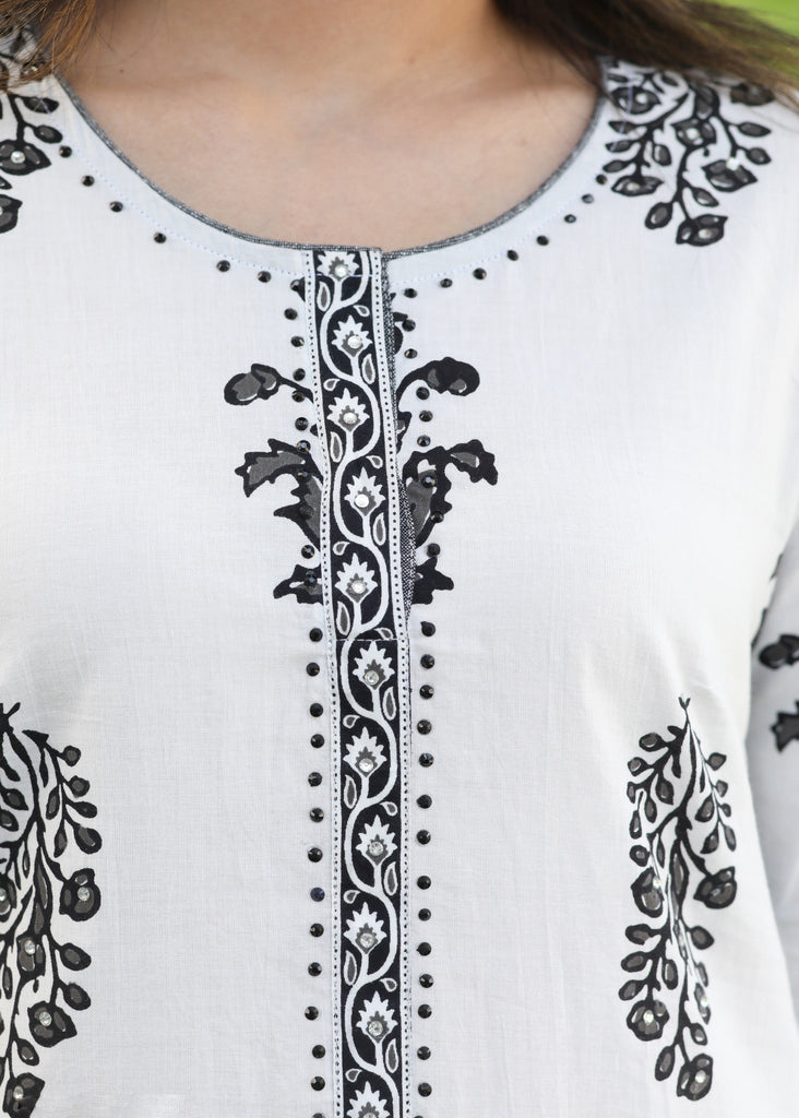 Classy Black and White Printed Tunic with Stone Work on Neckline