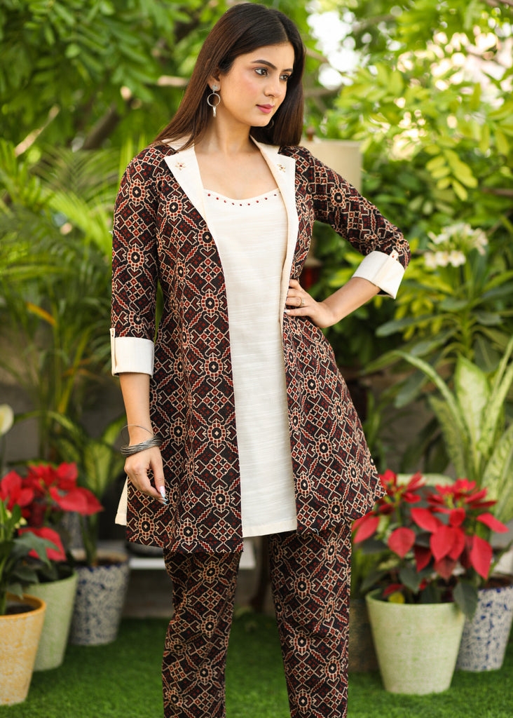 Trendy Black Ajrakh with Contrast Silk Jacket Style Co Ord Set .