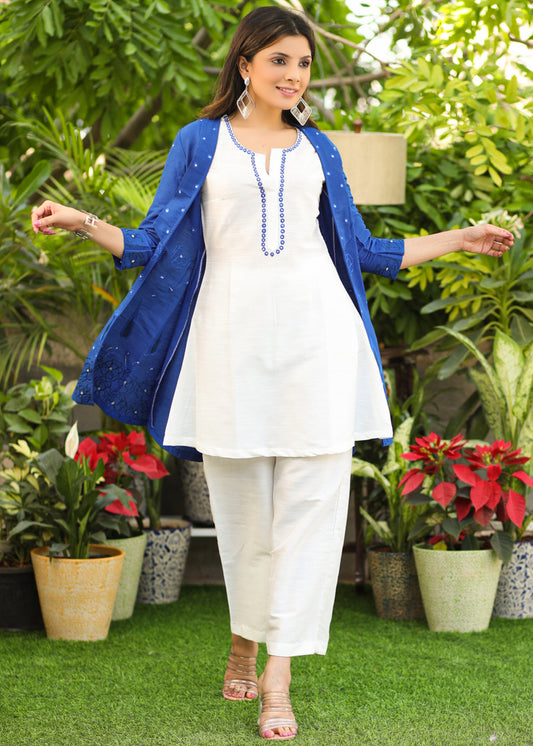 Stylish White Silk Inner with Blue Embroidered Jacket and White Pant Optional