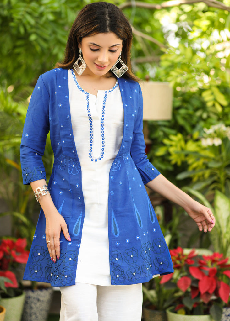 Stylish White Silk Inner with Blue Embroidered Jacket and White Pant Optional