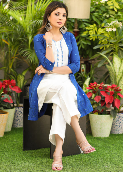 Stylish White Silk Inner with Blue Embroidered Jacket and White Pant Optional