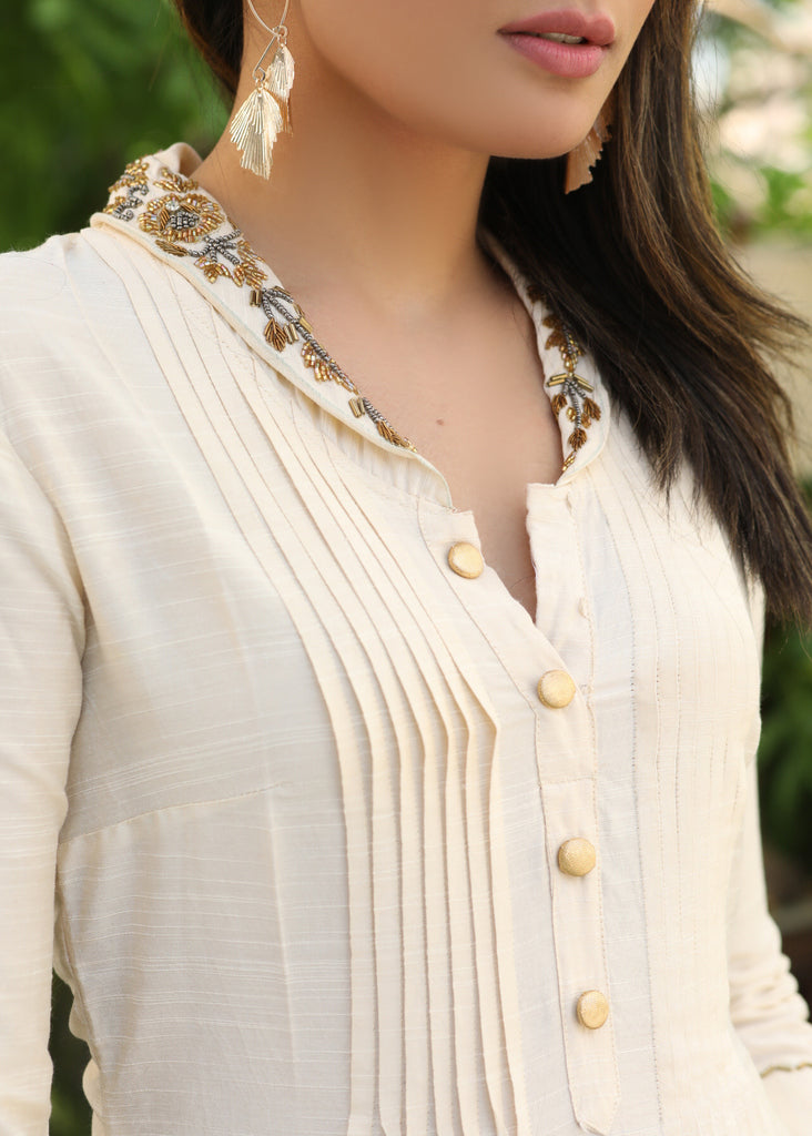Trendy off White Cotton Silk Tunic with Hand Zardosi Work on Collar