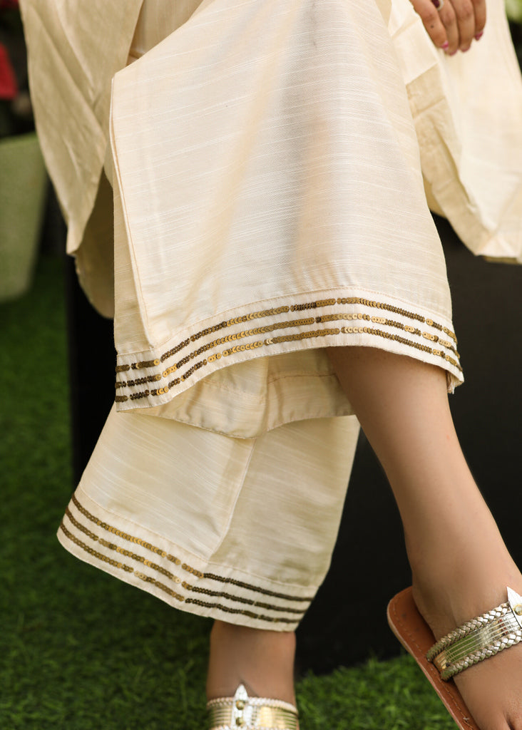 Trendy off White Cotton Silk Tunic with Hand Zardosi Work on Collar