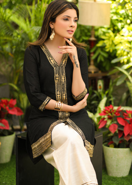Smart Black Cotton Silk Tunic with Gold Zari Work