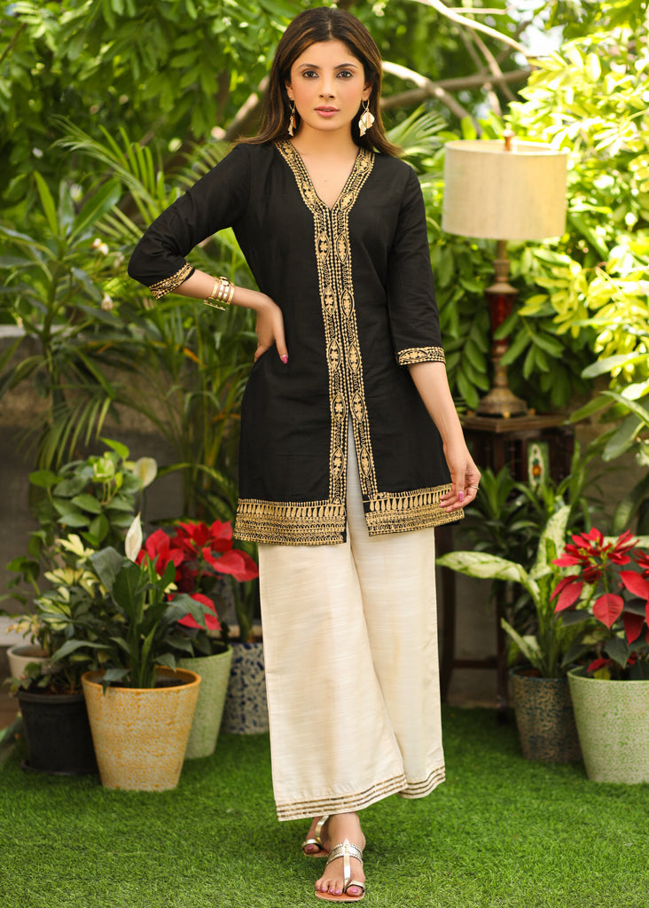 Smart Black Cotton Silk Tunic with Gold Zari Work