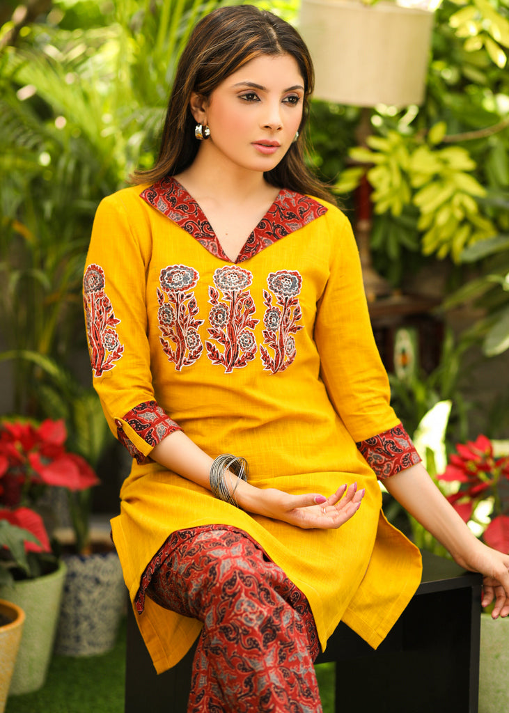 Classy Cotton Mustard Tunic with Maroon Ajrakh Collar and Sleeves with Contrast Patchwork on Front