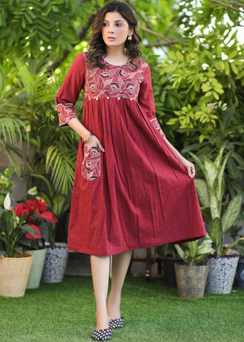 Beautiful Cotton Maroon A-Line Dress with Kantha Work Yoke and Pocket