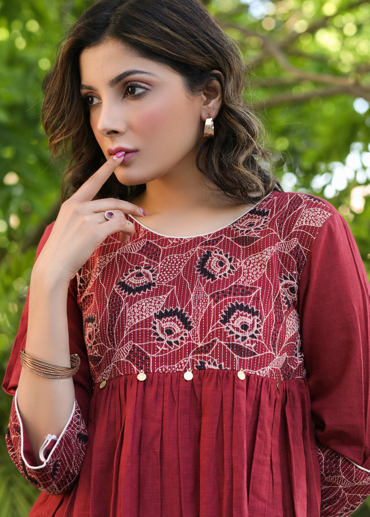 Beautiful Cotton Maroon A-Line Dress with Kantha Work Yoke and Pocket