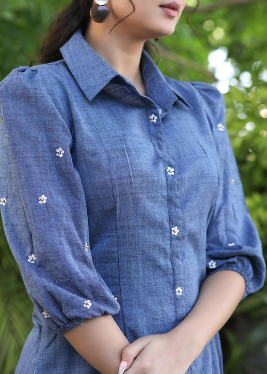 Exclusive Blue Pure Cotton Embroidered Shirt Dress