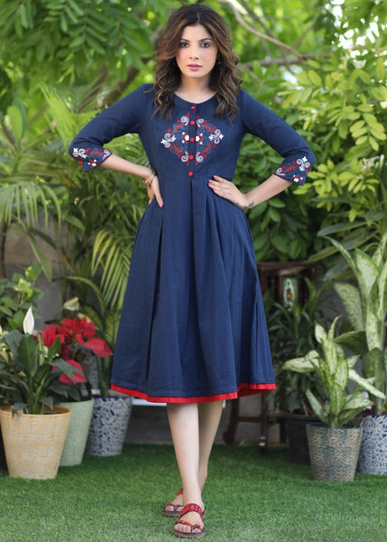 Classy Cotton Navy Blue Dress with Embroidered Yoke and Sleeves